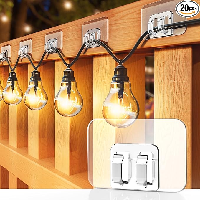 Hooks for Outdoor String Lights - 20 Pack with Adhesive Strips - No Damage, No Tools, No Holes, Waterproof and UV-Resistant, Perfect for Christmas and Patio Decor