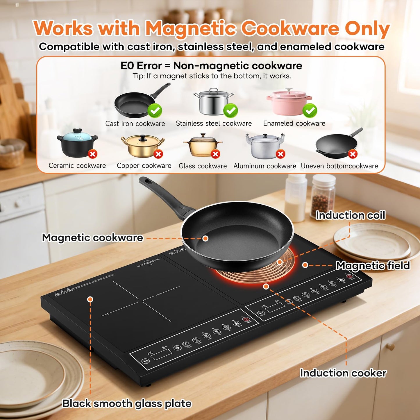 VoltCuisine 24 Inch Double Induction Cooktop, Button Control, 1800W Power Sharing, Low Power Continuous Heating, Portable Countertop Electric Cooker