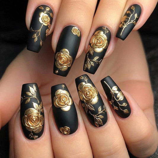 MISUD Press on Nails - Long Coffin Fake Nails with Black, Acrylic Gold Chrome Flower Design 24 pcs