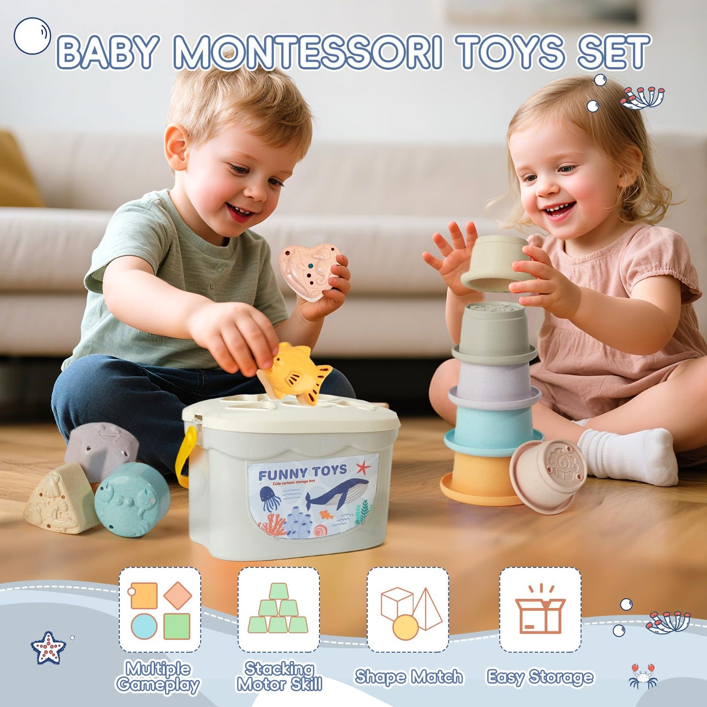 Baby Bath Toys, 21PCS | Easy Clean & Mold Free Bath Toys for Babies 6-12 Months | Educational Shape-Sorting Lid & Baby Stacking Cups | Tub Water Pool Beach Toy for Baby Gift with Portable Storage Bin