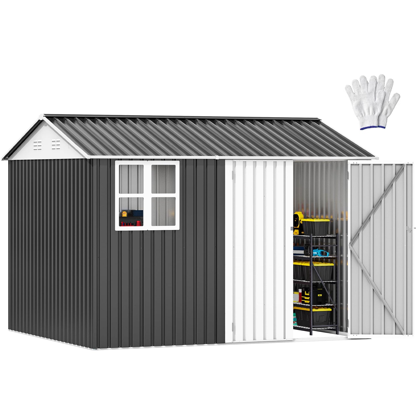 DWVO 10' x 8' Outdoor Storage Shed, Waterproof Metal Garden Shed with Windows, Lockable Doors, and Sloped Roof for Patio, Backyard, Lawn, Tool Storage, Bike Shed, Pet Shelter (Gray + White)