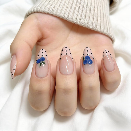 24Pcs Summer Pink Polka Dot Press on Nails Medium Almond, Cute Blueberry Designs French Tips, Glossy Full Cover Fake Nails, Reusable Glue on Nails with Acrylic Effect,Nude Nails Press ons for Women