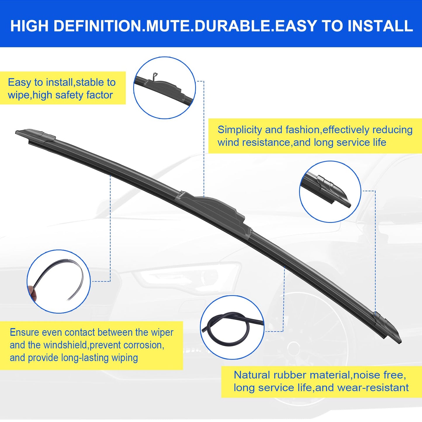 OEM Quality 22" + 22" Premium All-Seasons Durable Stable and Quiet Windshield Wiper Blades-J Hook Wipers(Set of 2)