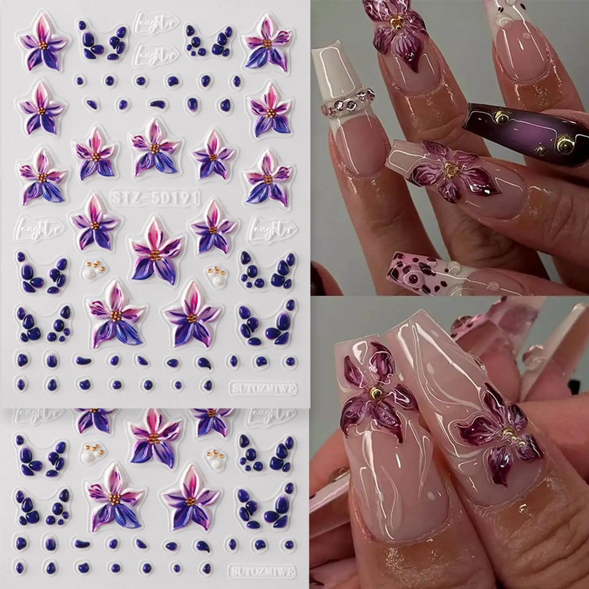 5D Embossed Flower Nail Art Stickers, 5 Sheets Self-Adhesive 3D Floral Nail Decals with Floral, Starfish, Bow & Lemon Designs Cute Summer Nail Art Supplies Sticker for DIY Manicure Decoration