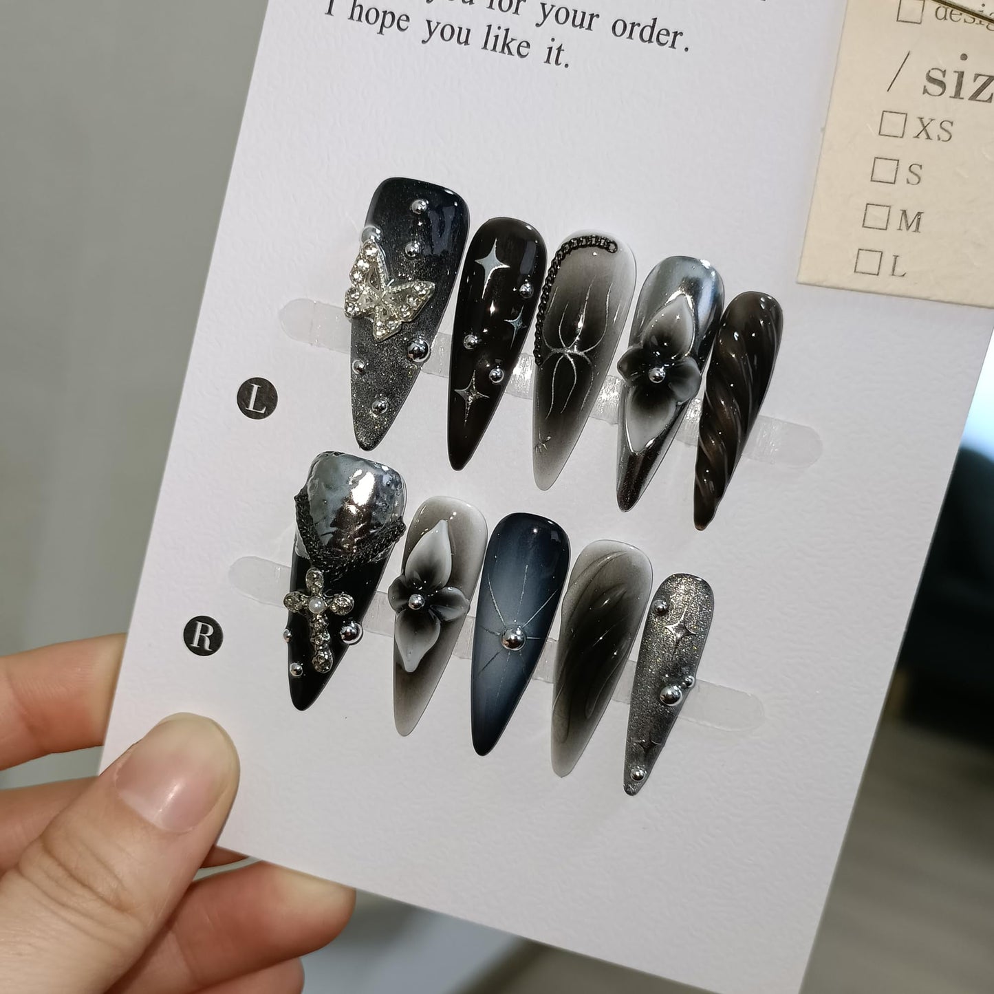 TENPAL 10Pcs Y2K Press On Nails With Tools,Handcuff Star & Skull 3D Charms Long Stiletto Fake Nails,Glossy Edgy Sweet Glitter Acrylic Glue on Nails for Concert Festival Party,Handmade Long Nails(XS)