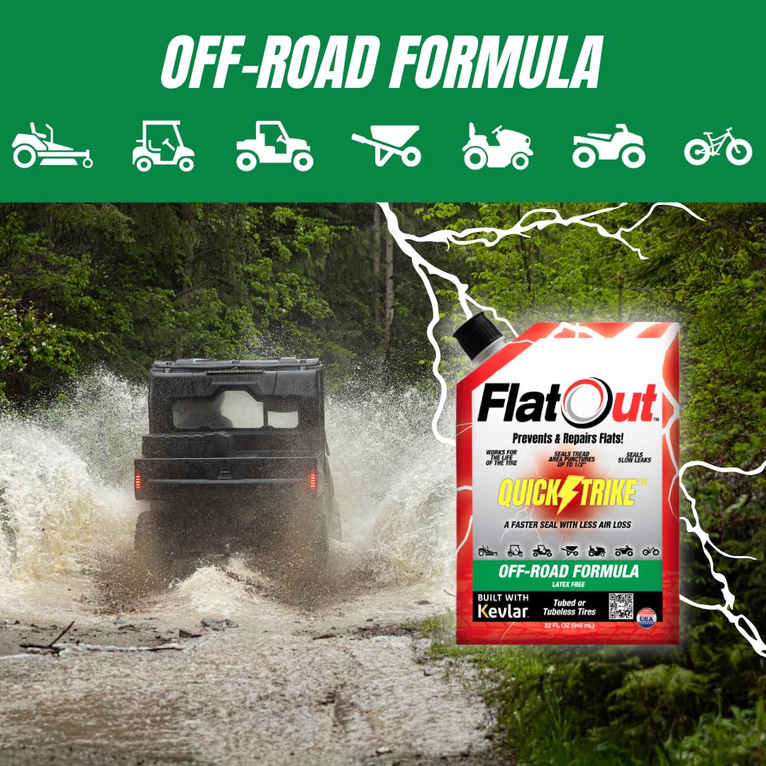 FlatOut QuickStrike Tire Sealant - Off-Road Formula - Prevents Flat Tires - Seals Leaks - Contains Kevlar - Tubeless Tire Sealant - 32-Ounce Bag - Pack of 4
