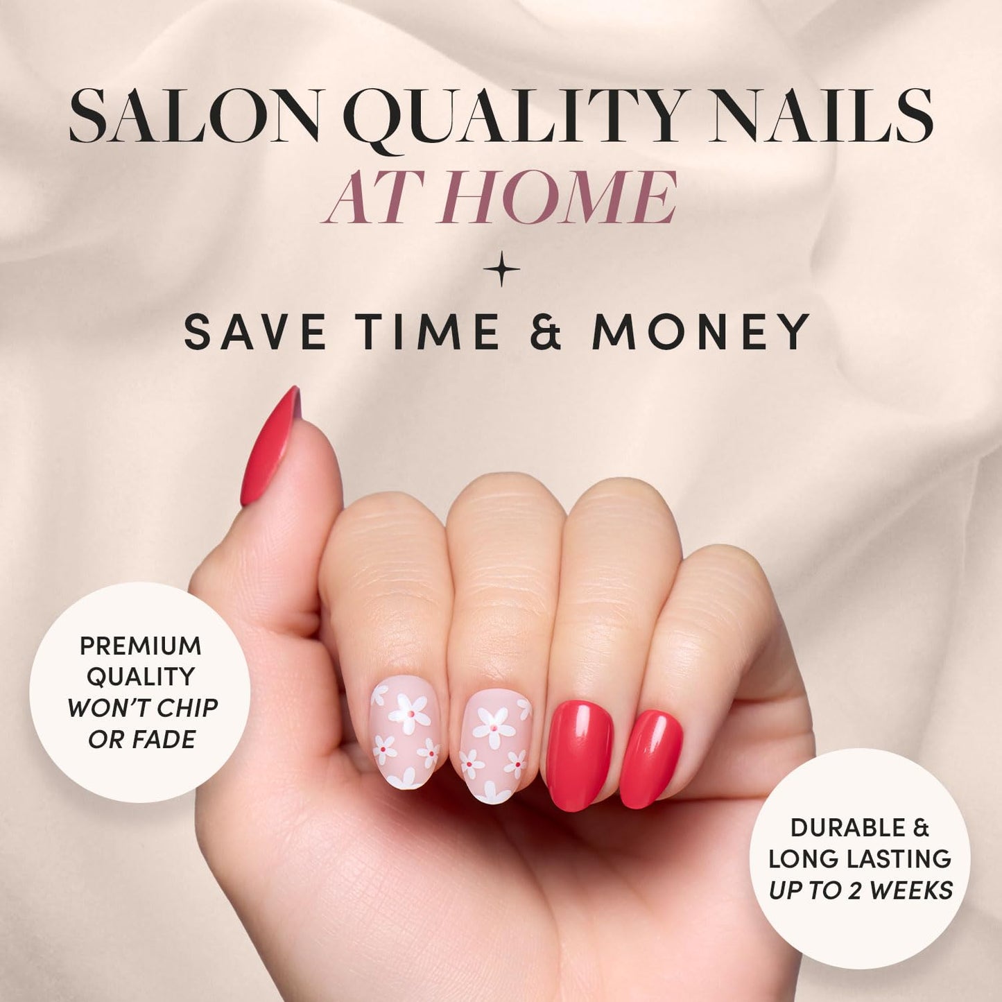 Glamnetic Press-On Nails & Adhesive Nail Tabs - Red Blossom | Short Oval Fake Nails with Floral Accents | 15 Sizes - 30 Nail Kit with Adhesive Tabs