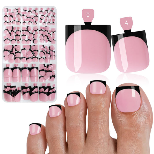 Bellelfin French Press On Toenails For Women with Nail Adhesive Tabs, 150 Pcs Black French Tip Toe Nail Press Ons, Short Square Toenail Press On, 15 Sizes Full Cover Acrylic Fake Toe Nails