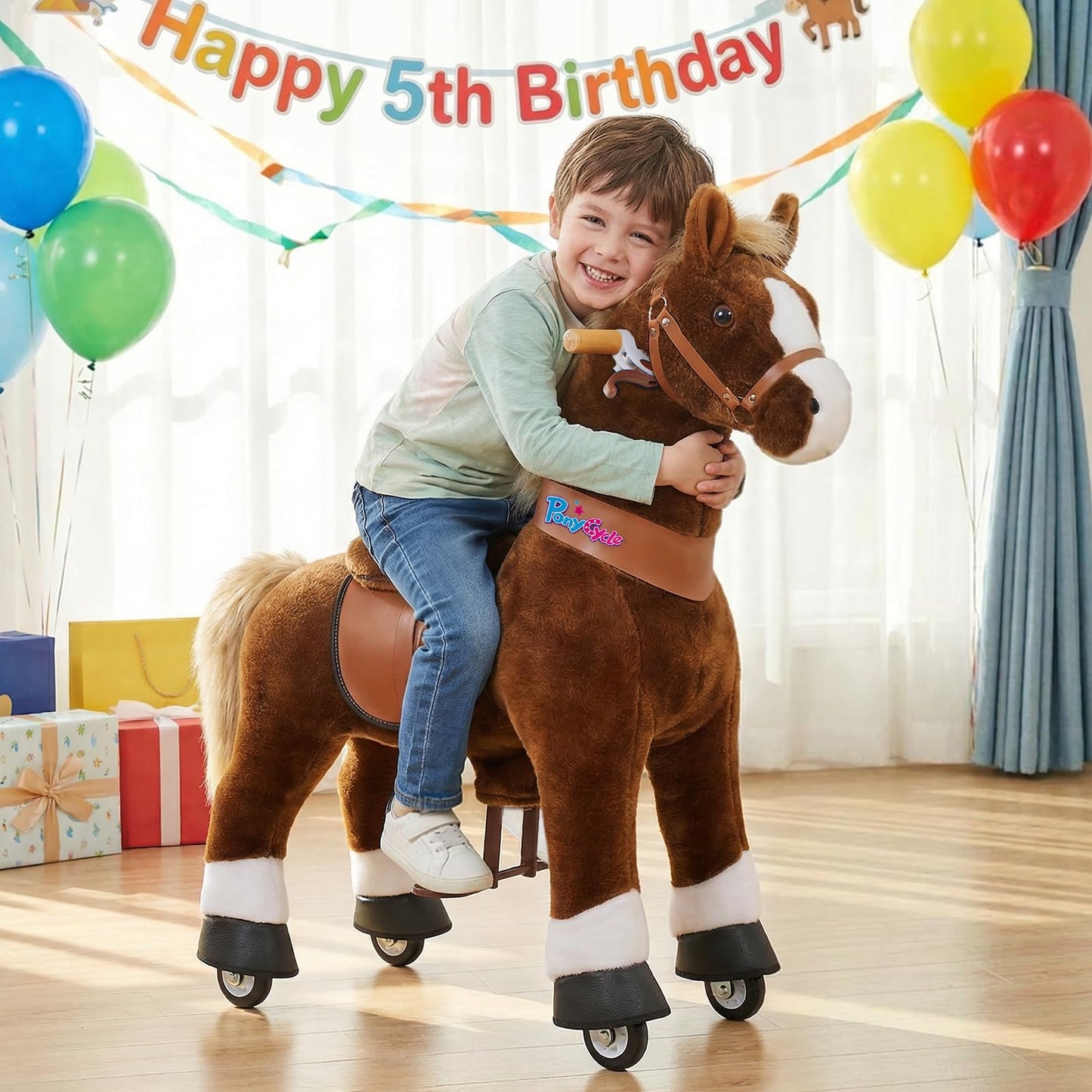 PonyCycle Kids Ride on Horse Walking Horse Toys, Classic Model U (with Brake/ 36" Height/Size 4 for Age 4-7), No Battery, Ride on Pony Animal for Indoor Outdoor Gift Brown Ux424