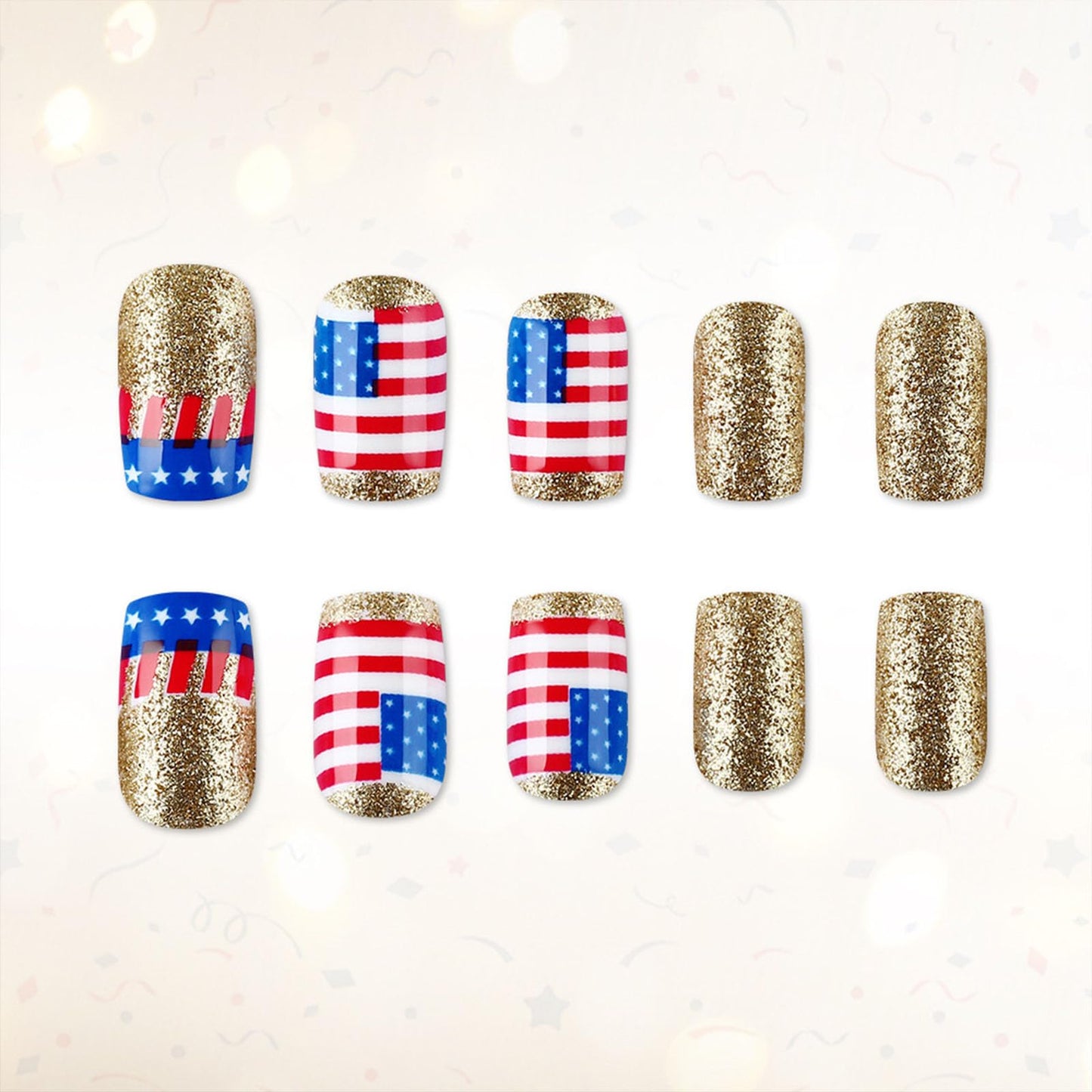 4th of July Press on Nails Medium Square Fake Nails National Flag Red Lines White Star Gold Glitter Designs Glossy Nails Press ons Fourth of July Acrylic Artificial Stick on Nails for Women 24Pcs