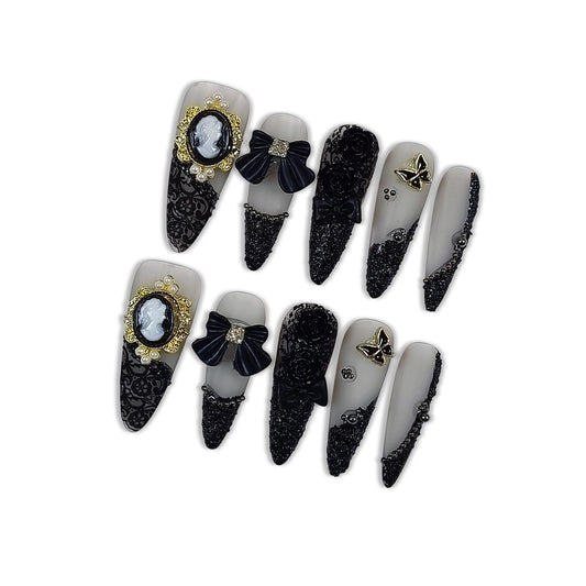 Hantyer Gothic Press on Nails, Long Stiletto Matte Nails, Baroque Cameo & 3D Camellia Design Salon Quality, Reusable Nails with Bow Steel Beads Accents, Dark Princess Style for Women(Size M)