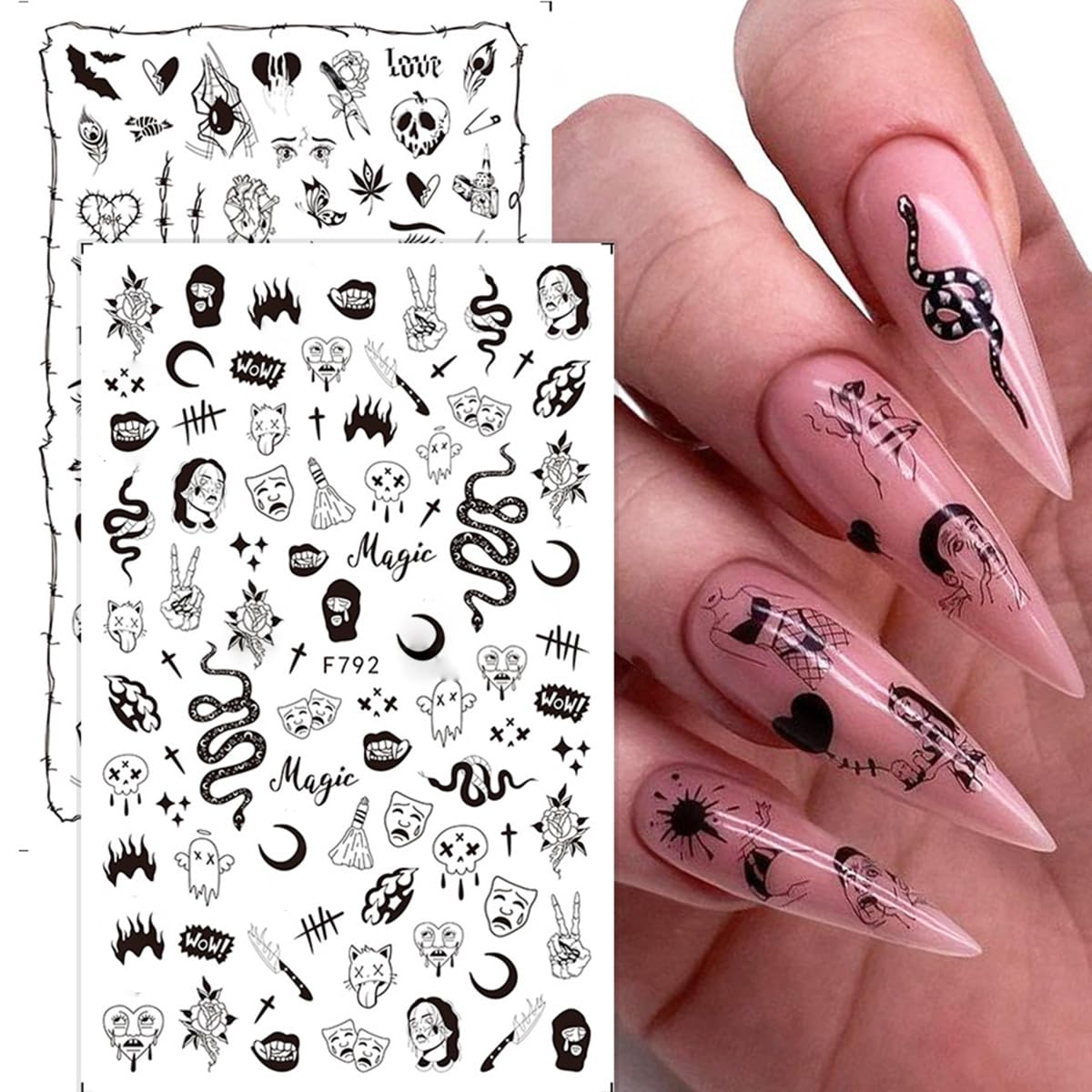 Snake Nail Art Stickers Decals Black Skull Goth Nail Decals Nail Art Supplies 3D Gothic Punk Horror Nail Stickers Designer Nail Accessories Charms Nail Designs for Acrylic Nail Art Decoration (8 Pcs)
