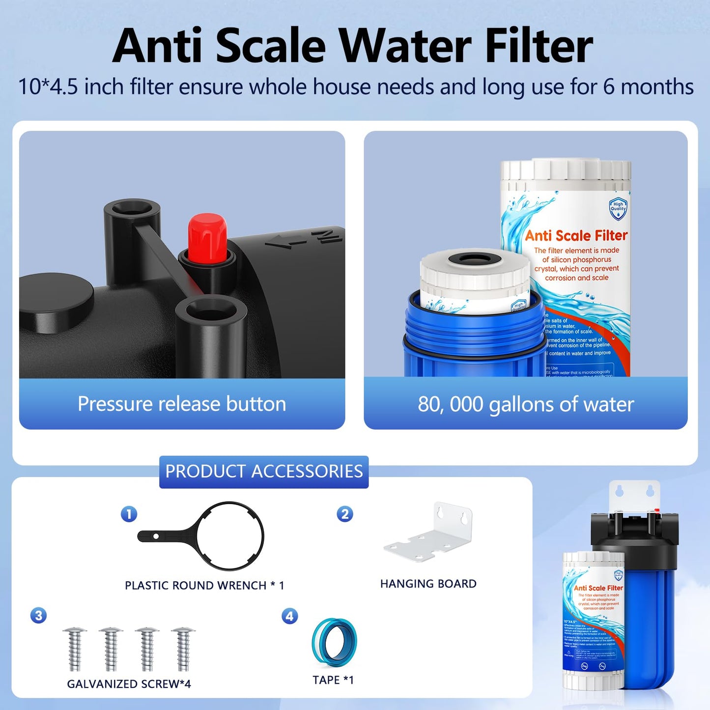 Anti Scale Whole House Water Filter System, Pipeline Prevent Scale Whole House Water 10" x 4.5" Filter, with 80,000 Gallons Capacit, 1" Inlet/Outlet, Reduces Scale Water Filters