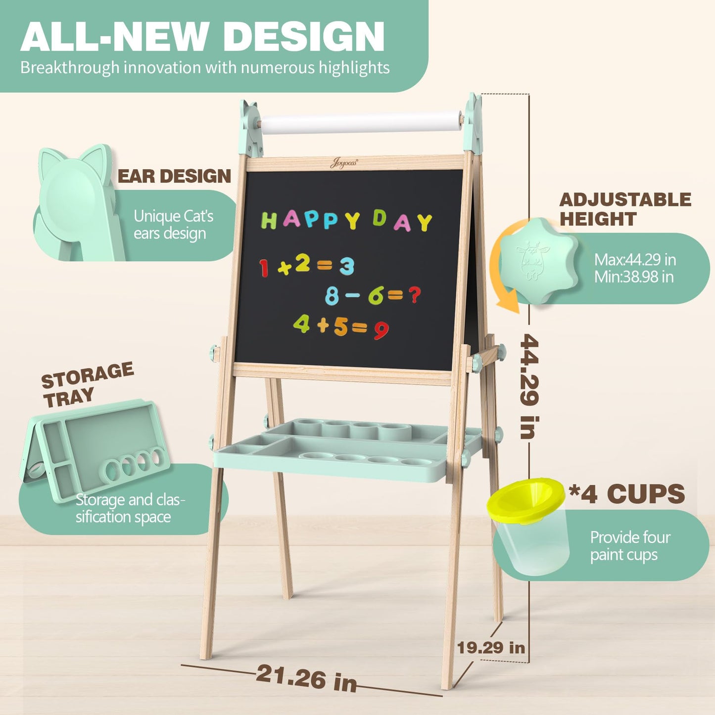 JOYOOSS Easel for Kids Ages 4-8 Easels for Toddlers Art Kids Easel Age 8-12 Wooden Drawing Easels Double-Sided Magnetic Whiteboard Chalkboard with Paper Roll for Kid Dry Erase Board Green