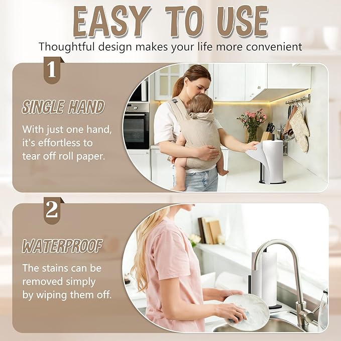 Paper Towel Holder Countertop, Premium Stainless Steel Black Paper Towel Holder with Anti Slip & Waterproof, Freestanding Countertop Paper Towels Holder for Kitchen, Tabletop, Bathroom