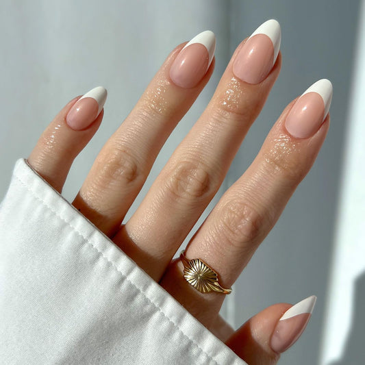Glamnetic Press On Nails - MaDamn | French Tip UV Finish Short Pointed Almond Fake Nails, Salon Quality Semi-Transparent Nails in 12 Sizes - 24 Nail Kit with Glue