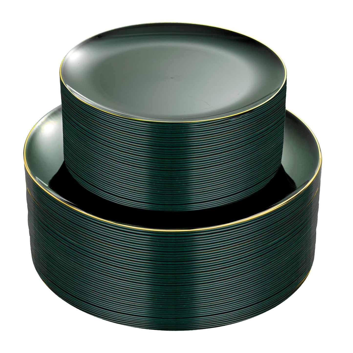 PULOTE 100PCS Green Plastic Plates - Green Disposable Plates With Gold Rim - Include 50 Pieces Dinner 10.25inch,50 Pieces Dessert 7.5inch for Party&Christmas