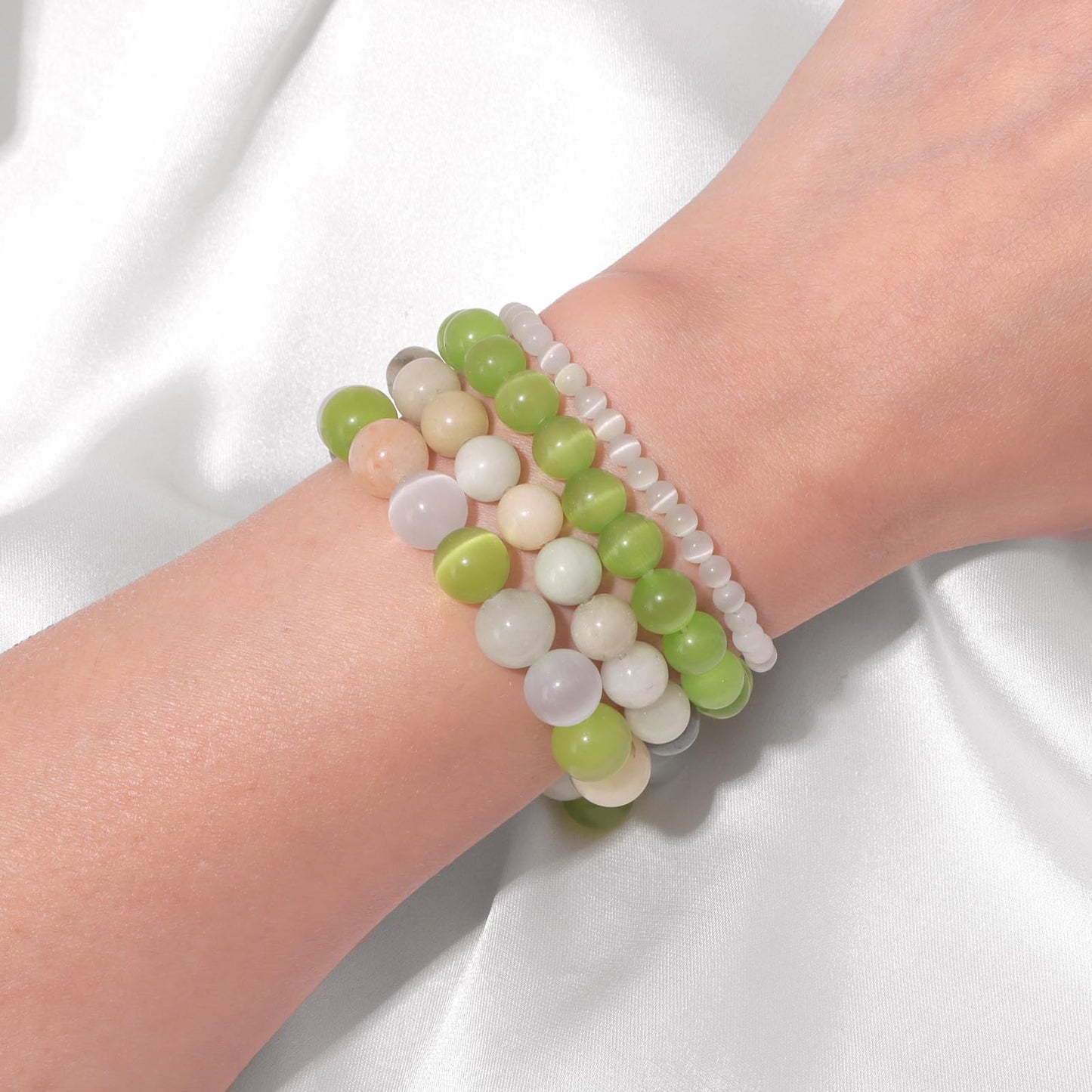 Vinswet 4pcs Natural Stone Beaded Bracelets for Women Men,Healing Crystal Gemstones Stretch Bracelet,4mm 6mm 8mm 10mm Cat Eyes Amazonite Amazonite Anxiety Stress Relief Bracelet Jewelry Gifts