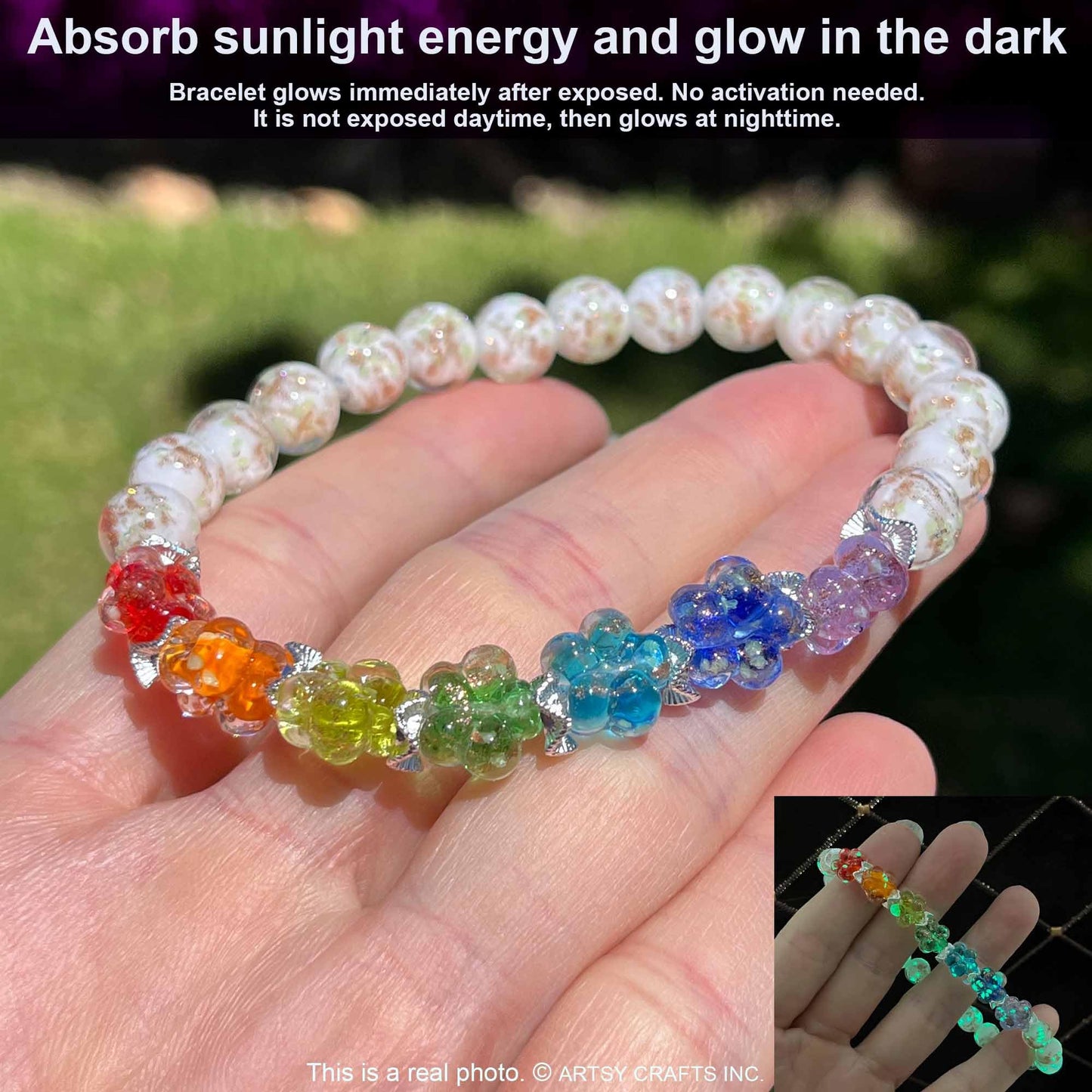 ARTSY Crafts Glow in the Dark Firefly Beads Bracelet for Women, Luminous Glass Beads Healing Crystal Glowing Beaded Bracelets, Mermaid Bracelet Stretch Bangle Wristband (Chakra White)