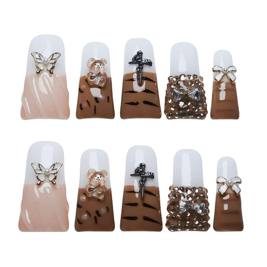 Tesytto Press On Nails Long Duck, Handmade French Tip Fake Nails with 3D Butterfly, Bear, Tiger Stripe, Rhinestone Bow & Rose Cross Charms, Sweet Edgy Acrylic Nails (Diamond Tiger Pattern, M)