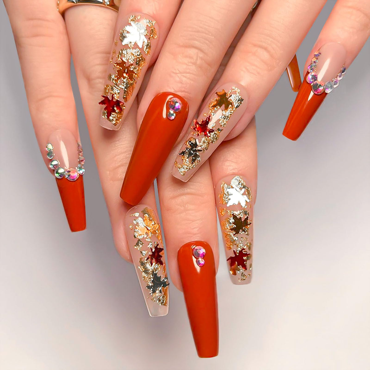 RTKHFZE Fall Press on Nails Long,Coffin Fake Nails with Glitter Fall Maple Leaves and Rhinestones Designs Acrylic Nails Red French Full Cover False Nails Stick on Nail for Women Manicure 24Pcs