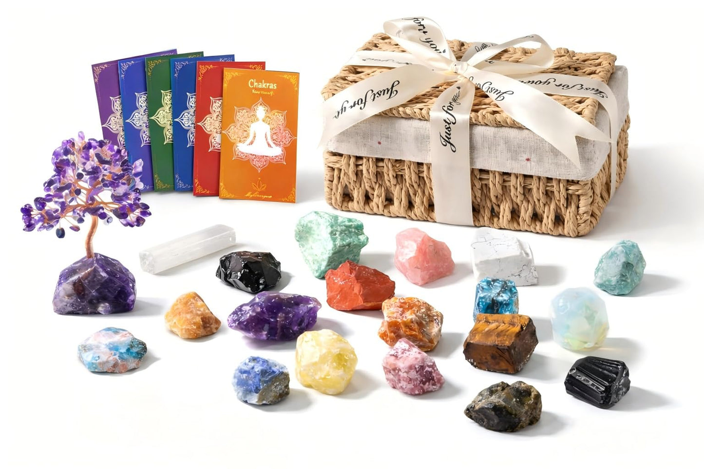MYDAYS&DESIGN 18Pcs Crystals and Healing Stones Set in Rattan Box, 17 Raw Chakra Stones, 1 Amethyst Tree, Guide for Beginners, Meditation Yoga Home Decor, Healing Crystal Gifts for Women Mom Girl