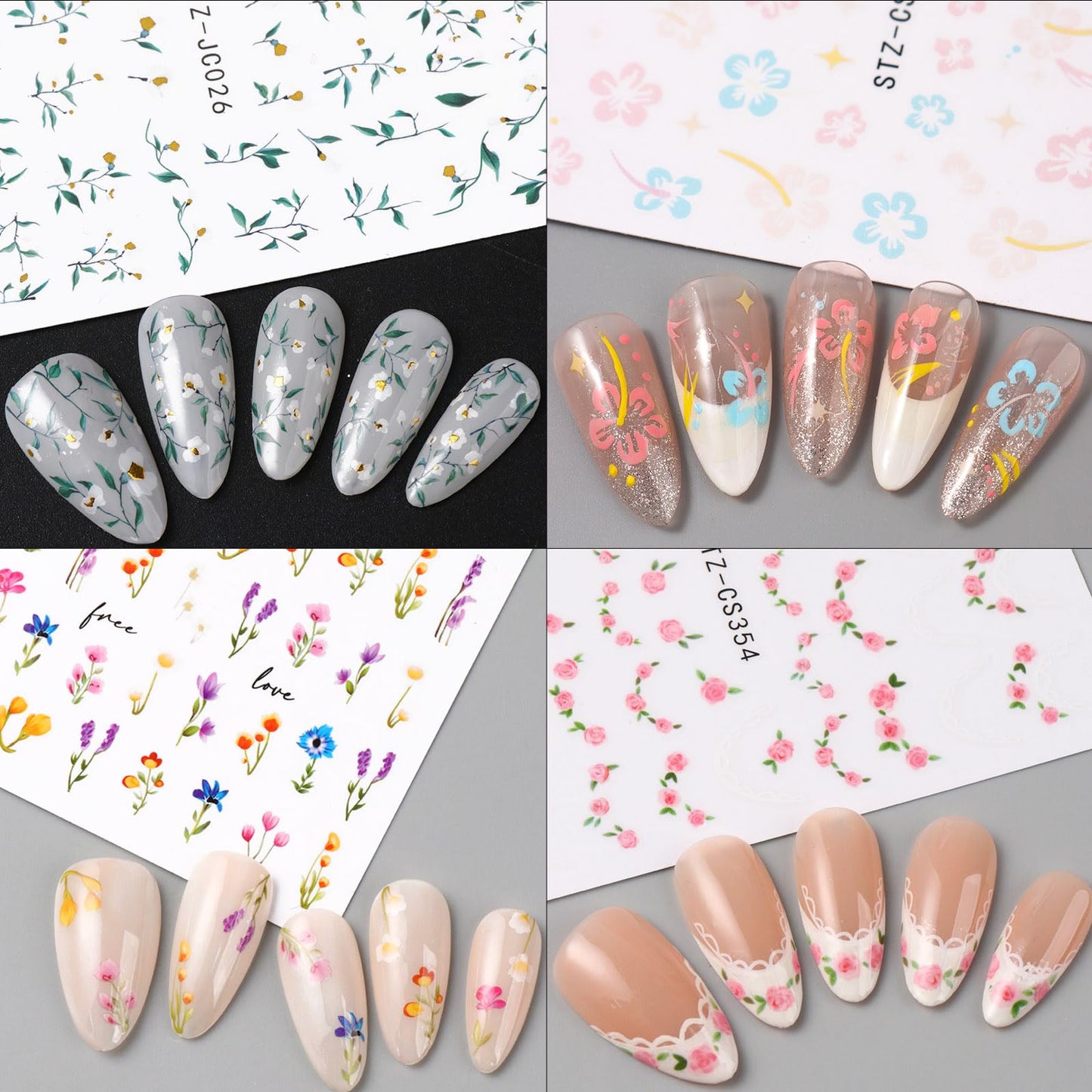 5pcs Flower Nail Stickers With Tweezers, Mini Jasmine Rose Hibiscus Wildflower French Lace Self-Adhesive 3D Floral Nail Decals For Women Girls, Spring Summer Nail Supplies For DIY Manicure Decorations