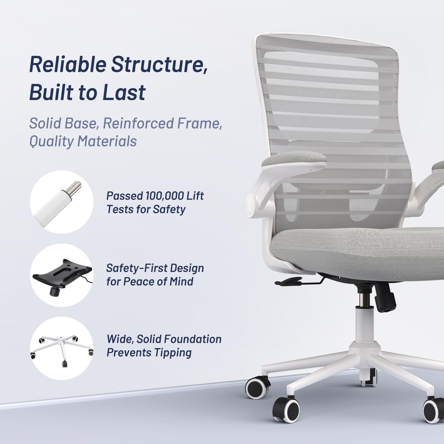 QLTPLUS Office Chair for Long Hours & Lower Back Pain Relief – 4" Thick Molded Foam Cushion, Enhanced Lumbar Support, Flip-up Armrests, Light Gray