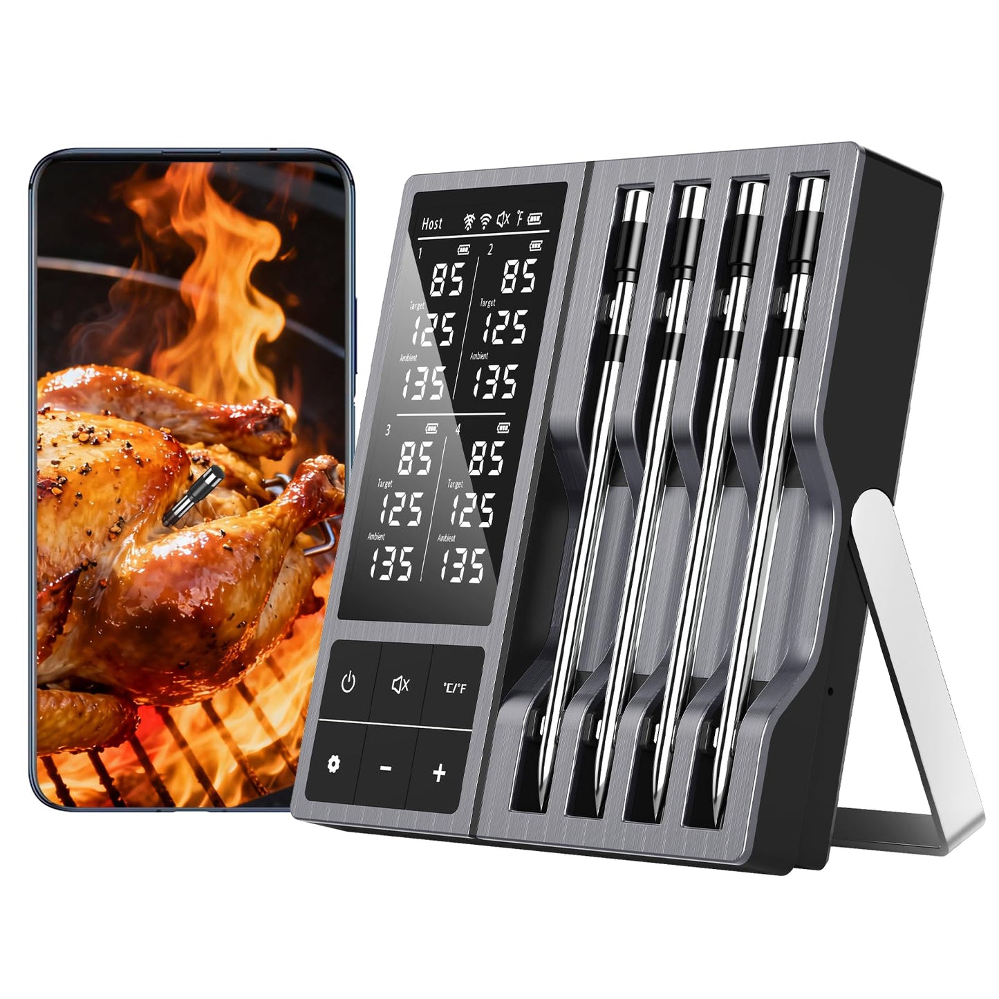 Smart Wireless Meat Thermometer with 4 Probes & 800ft Range, Bluetooth Grill Food Thermometer, Digital Backlit Screen, 0.5S Instant Read, NIST ±0.5℉ Accuracy for Kitchen BBQ, Oven, Smoker, Air Fryer
