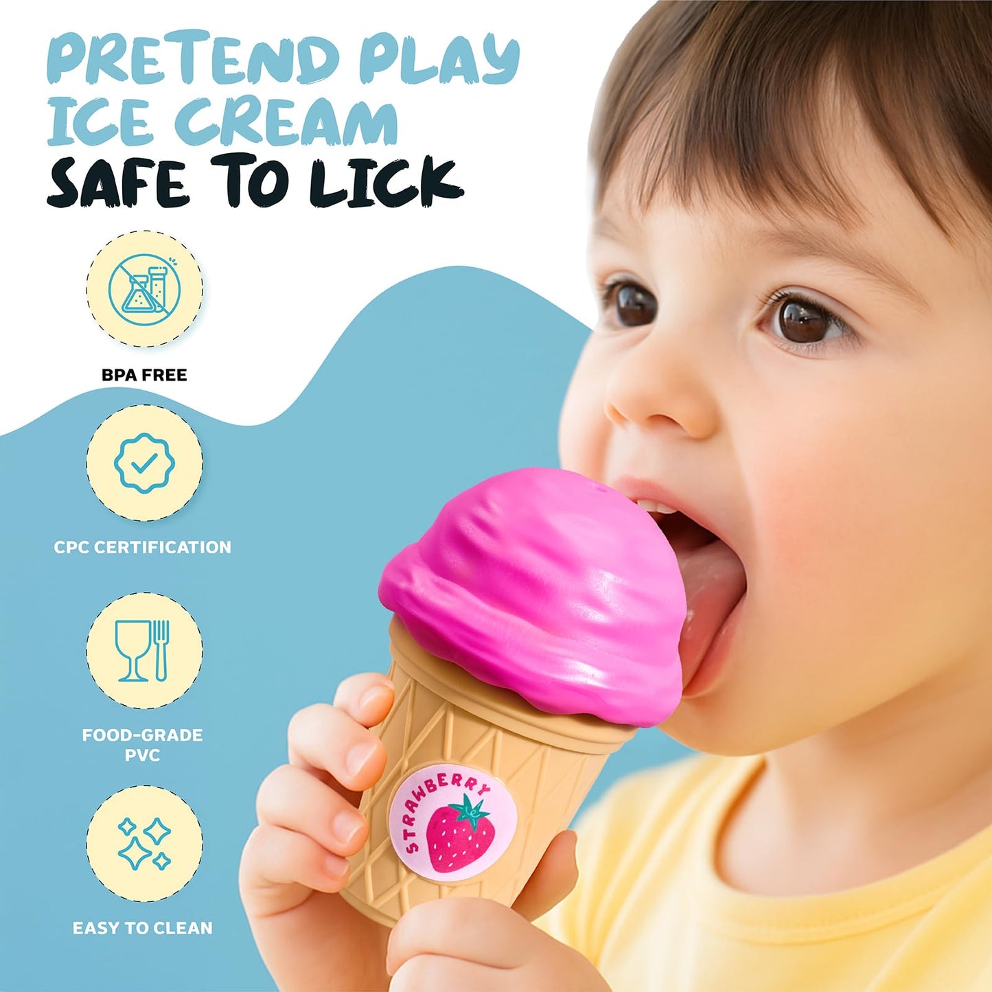 JOYCAT Ice Cream Toys, Color Recognition Stacking Play Set with 7 Matching Cones & Scoops, Pretend Play Food for Kids +Soft Baby Beehive with 5 Sensory Bees