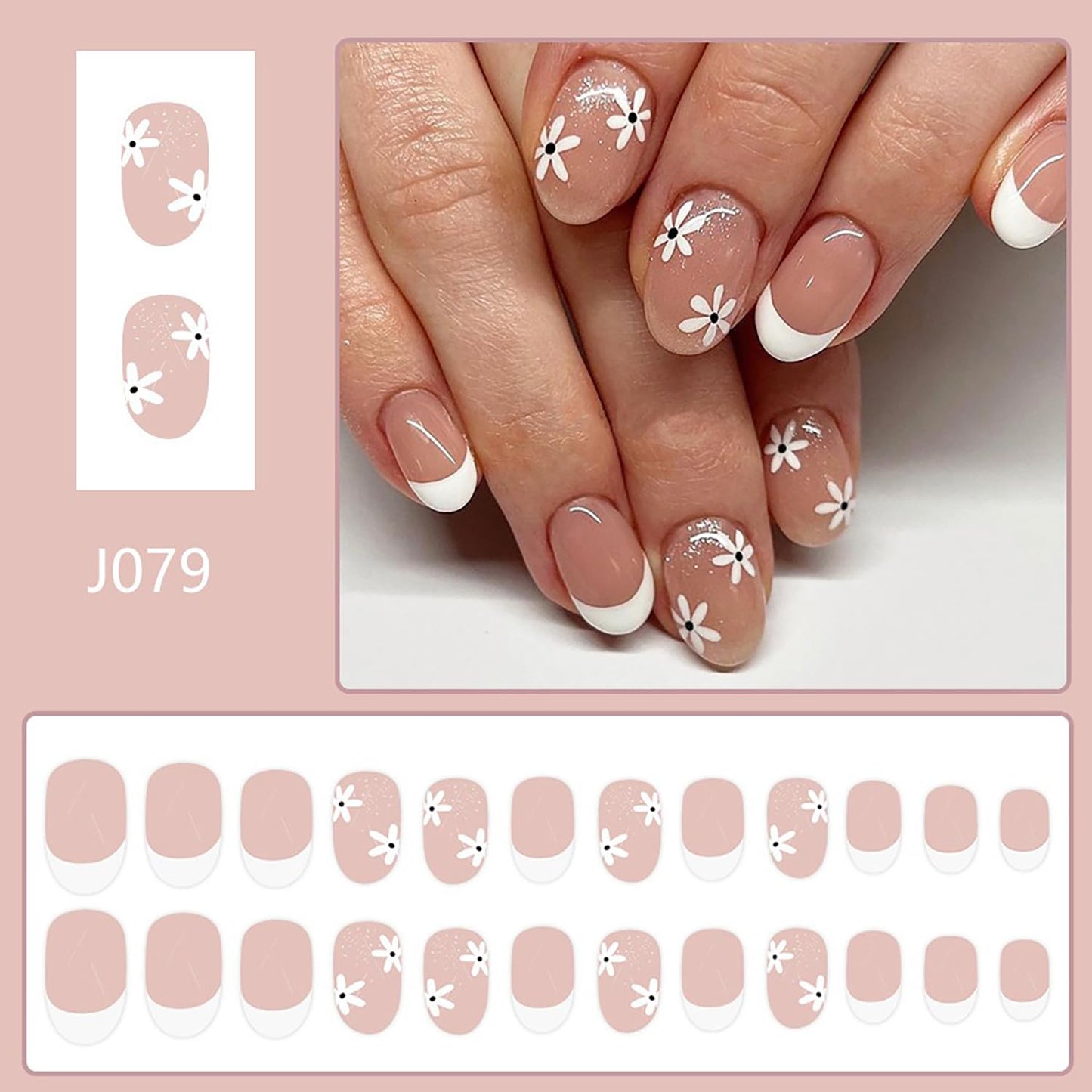 Flower Press on Nails Short Oval SWEKKE White French Tip Fake Nails Nude False Nails with Designs White Floral Full Cover Glossy Glue on Nails Spring Summer Acrylic Nails for Women Girls 24 Pcs