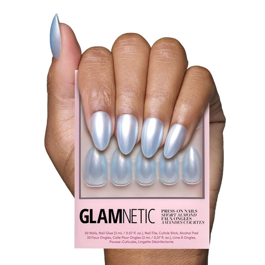 Glamnetic Press On Nails - Something Blue | Short Almond Fake Nails, Baby Blue with a Glossy Glazed Finish, Salon Quality | 15 Sizes - 30 Nail Kit with Glue