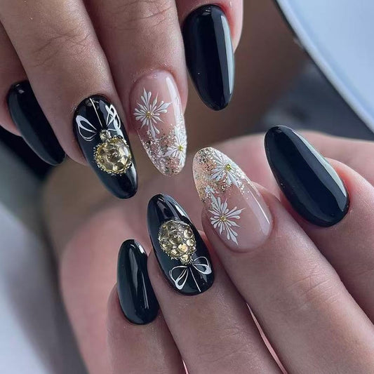 30Pcs Christmas Press on Nails Medium Almond Fake Nail with Gold Rhinestone Designs Snowflake Black False Nails for Women Winter Full Cover Holiday Glue on Nails Xmas Nail Press ons