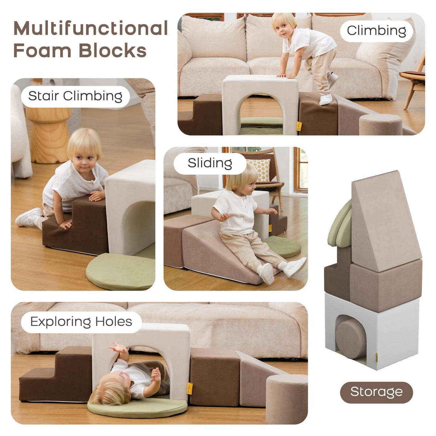 BanaSuper Kids Climbing Foam Blocks Playset - 7 Piece Toddler Climbing Toys, Indoor Gross Motor Development Montessori Gross Motor Toy for Babies & Toddlers (Grey)