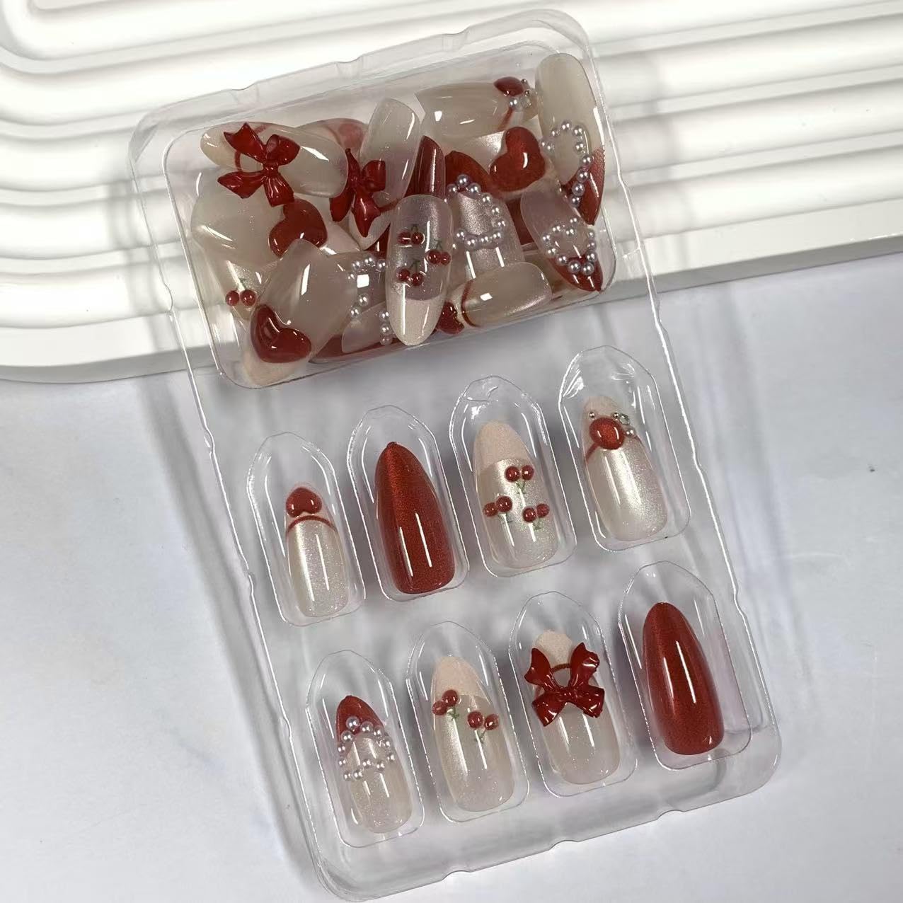 BABALAL Press on Nails Medium Almond Red Pink French Tip Fake Nails 3D Heart Cherry Design Handmade Cat Eye Shiny Acrylic Glossy Full Cover Glue on False Nails for Women and Girls 30Pcs Reusable