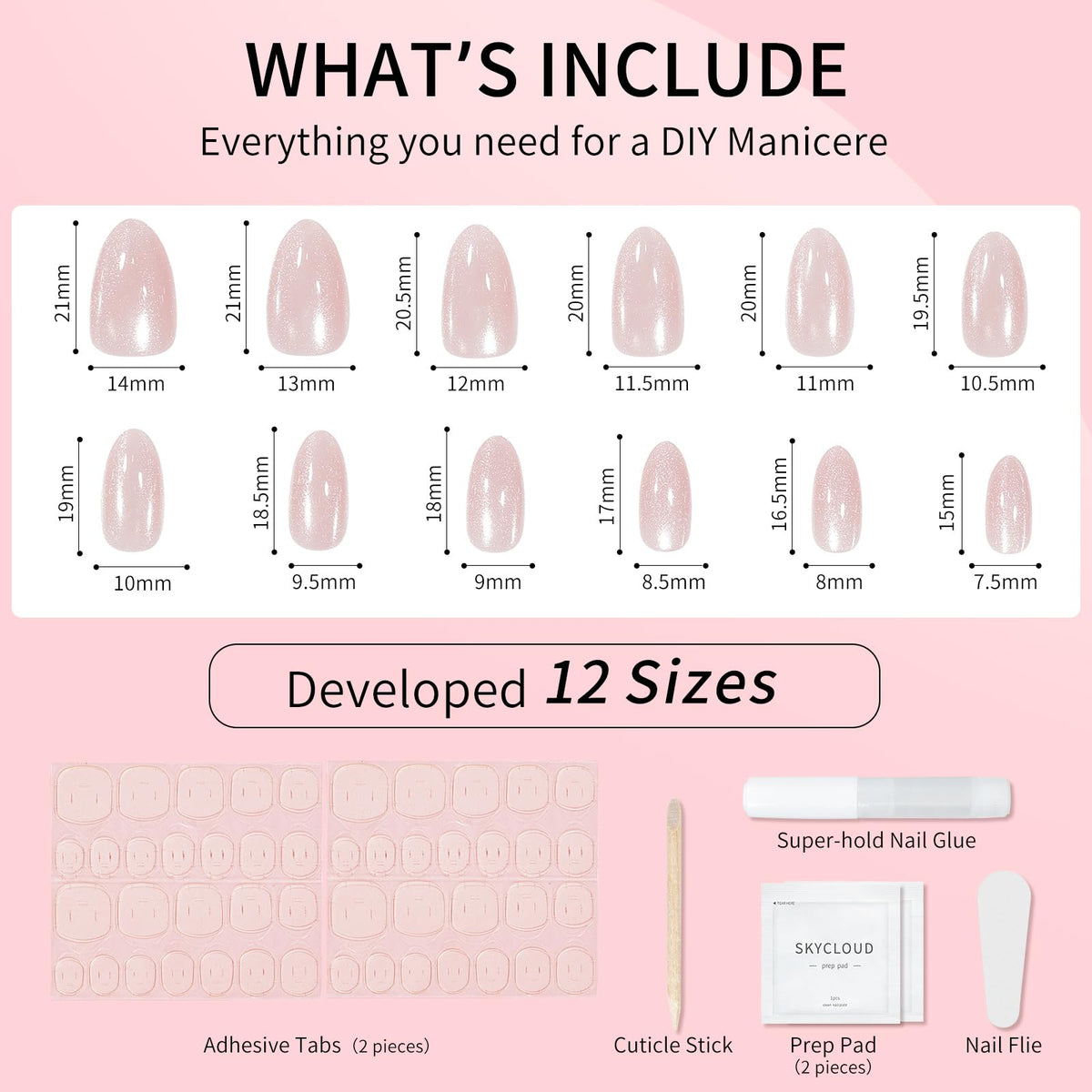 Almond Cat Eyes Press On Nails,12 Sizes - 24 Pcs Soft Gel White Medium Fake Nails Kit with Nail Glue, Natural Reusable Stick On False Nails for Women and Girls (Skycloud Moonlight) SK0764