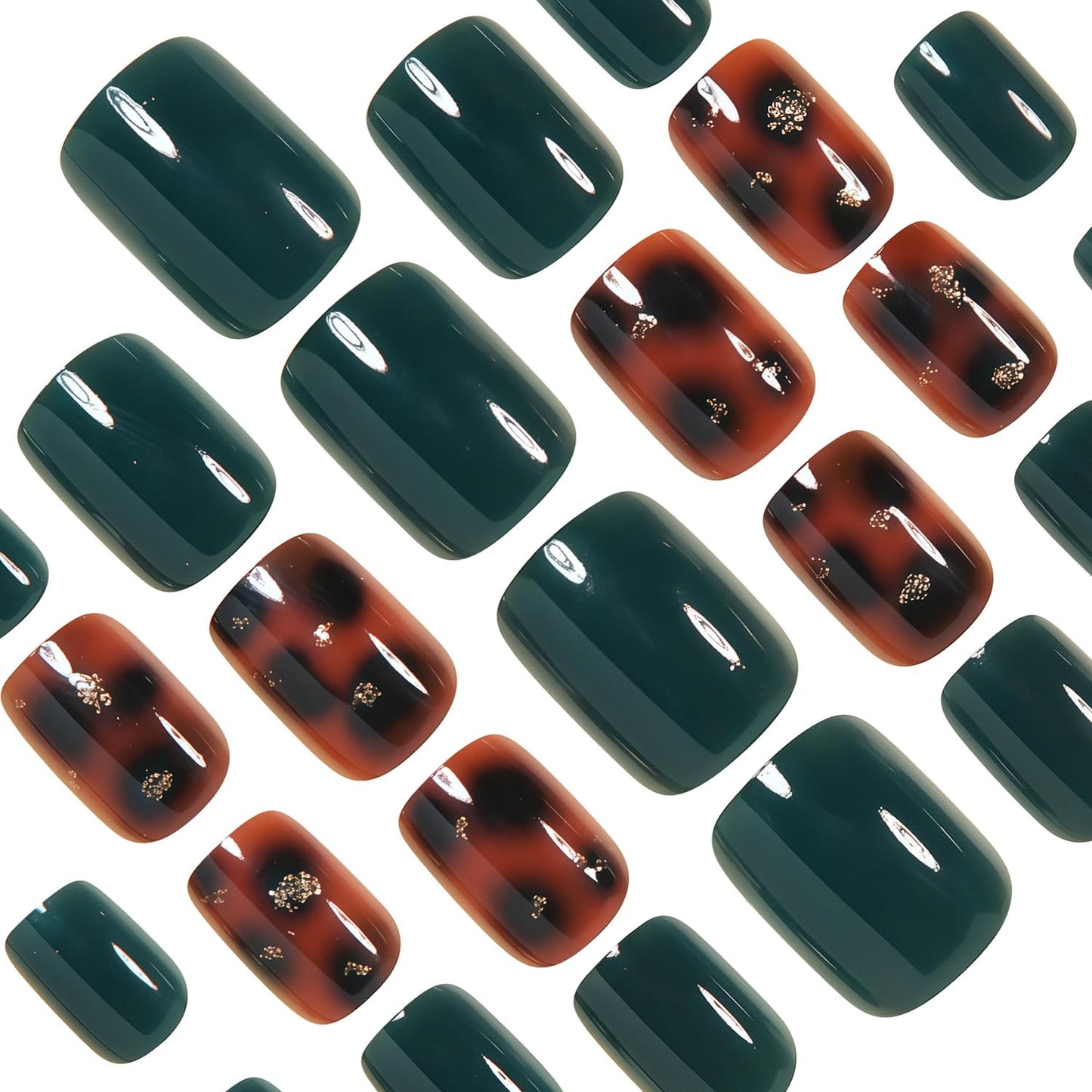 CEWEWP 24 Pcs Leopard Print Press on Nails Short Square Fake Nails Amber Blend Acrylic False Nails Green Color Glossy Reusable Holiday Daily Wear Glue on Fingernails for Women