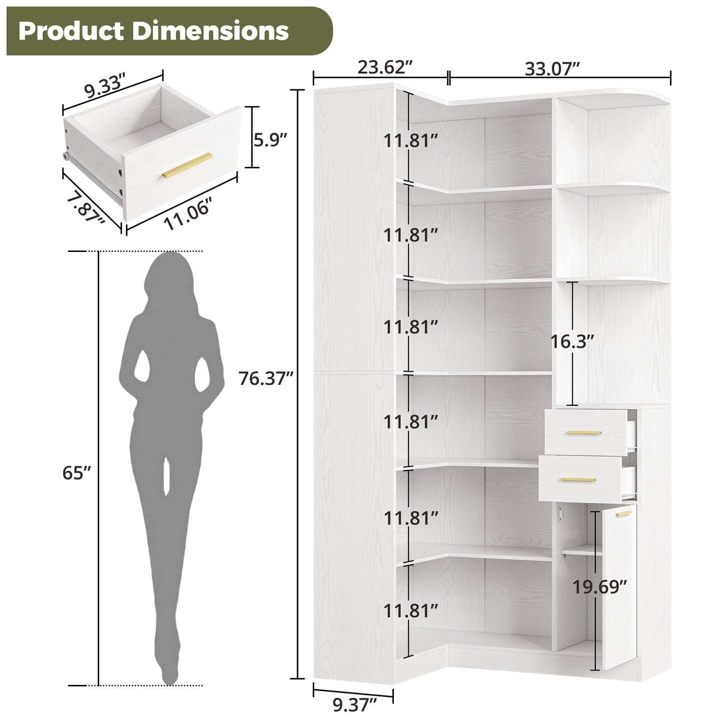IRONCK Corner Bookshelf, 76" Tall Corner Bookshelves, 6 Tiers L-Shaped Bookcase with 10 Open Shelves and 2 Storage Drawers for Living Room or Home Office
