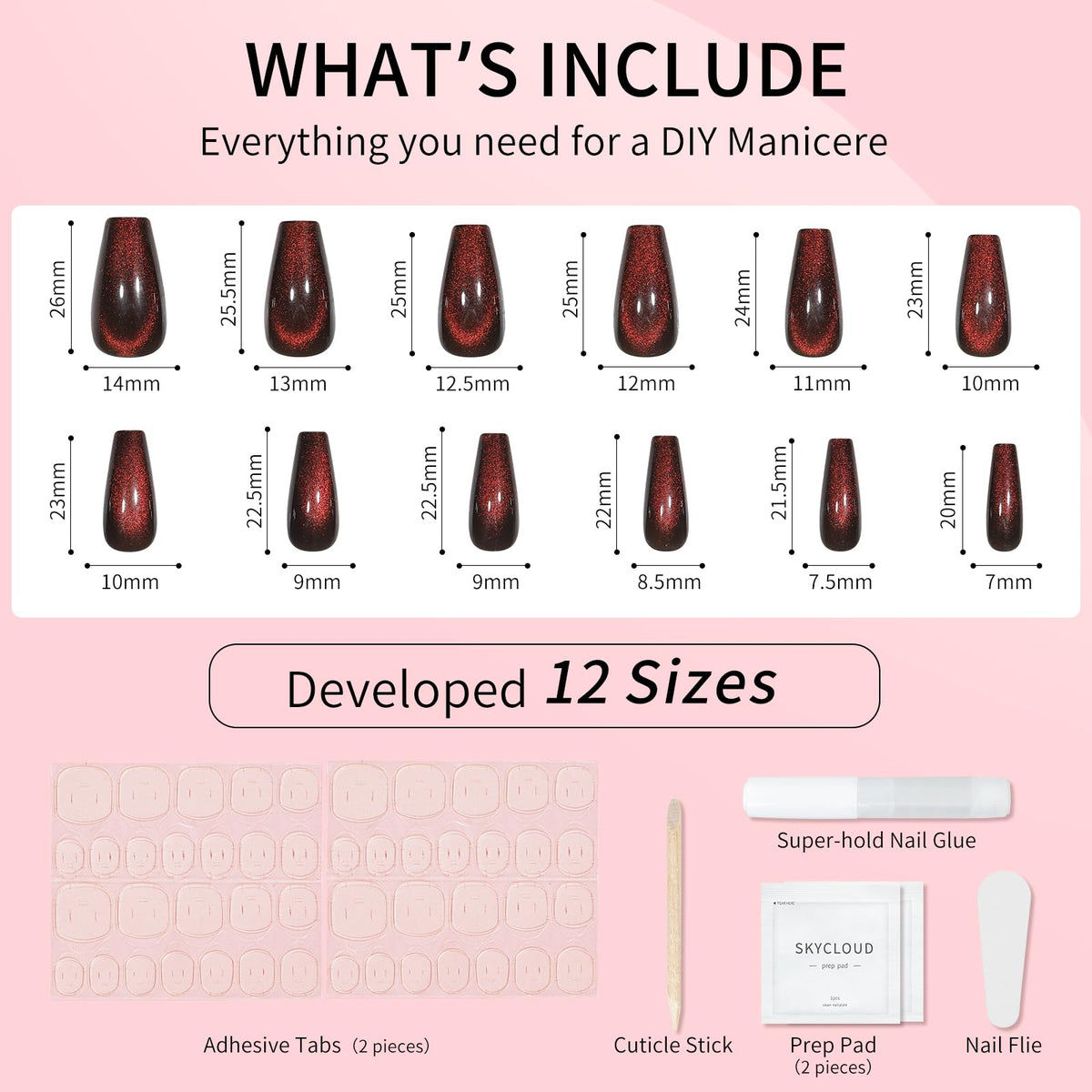 Cat Eyes Press On Nails,12 Sizes - 24 Pcs Soft Gel Dark Red Brown Medium Coffin Fake Nails Kit with Nail Glue, Natural Reusable Stick On False Nails for Women and Girls (Skycloud Nails) SK0825