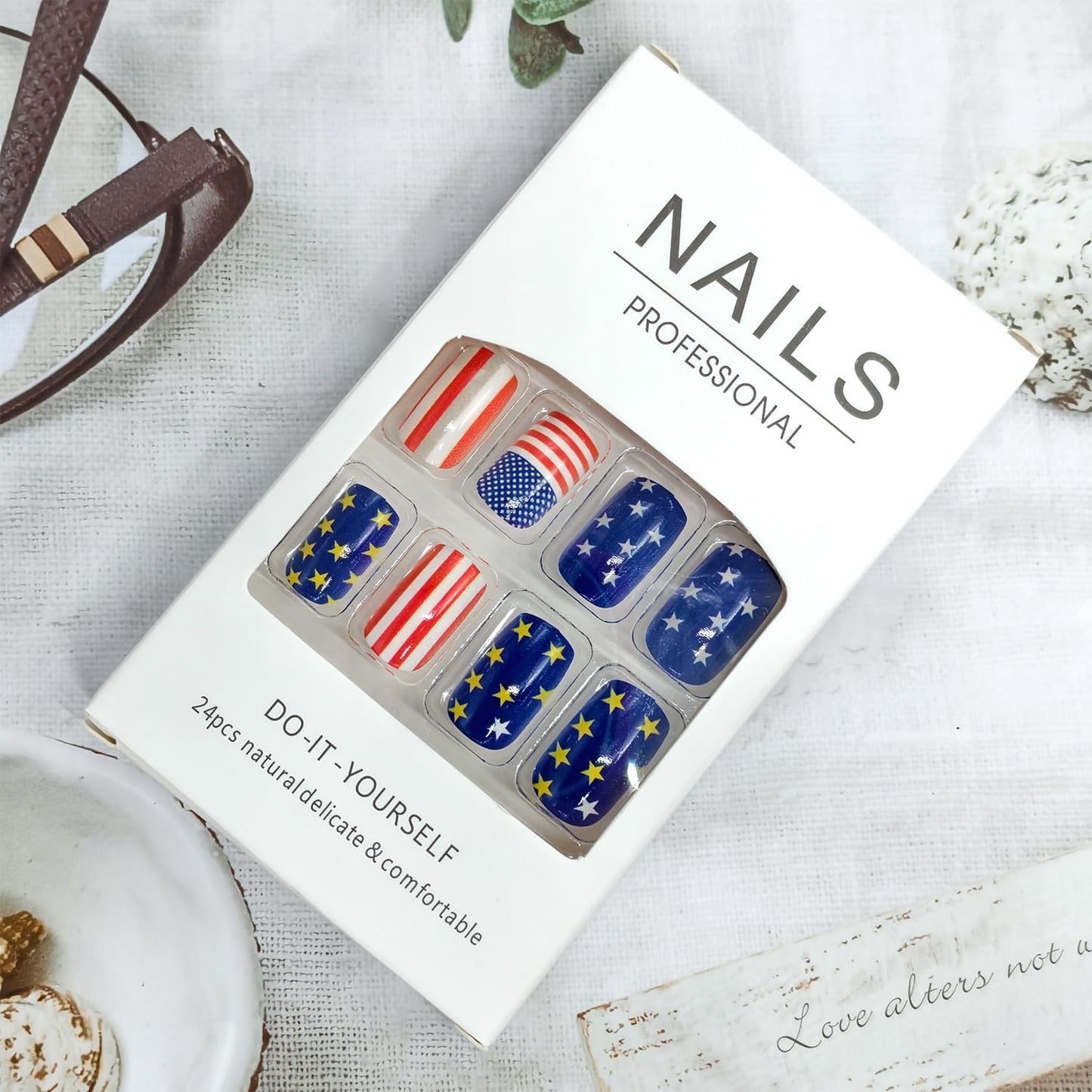 4th of July Press on Nails Medium Length Acrylic Nail Red White Lines with Color Stars Glitter Fake Nails Square Shaped Independence Day Press Ons Artificial Fingernails for Women Holiday Manicure