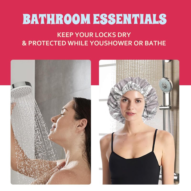 BHAHB Luxury Shower Cap Satin Lined Reusable Waterproof Double Layer Elastic Adjustable Hair Bath Cap Cute Aesthetic Women Girls-White Butterfly