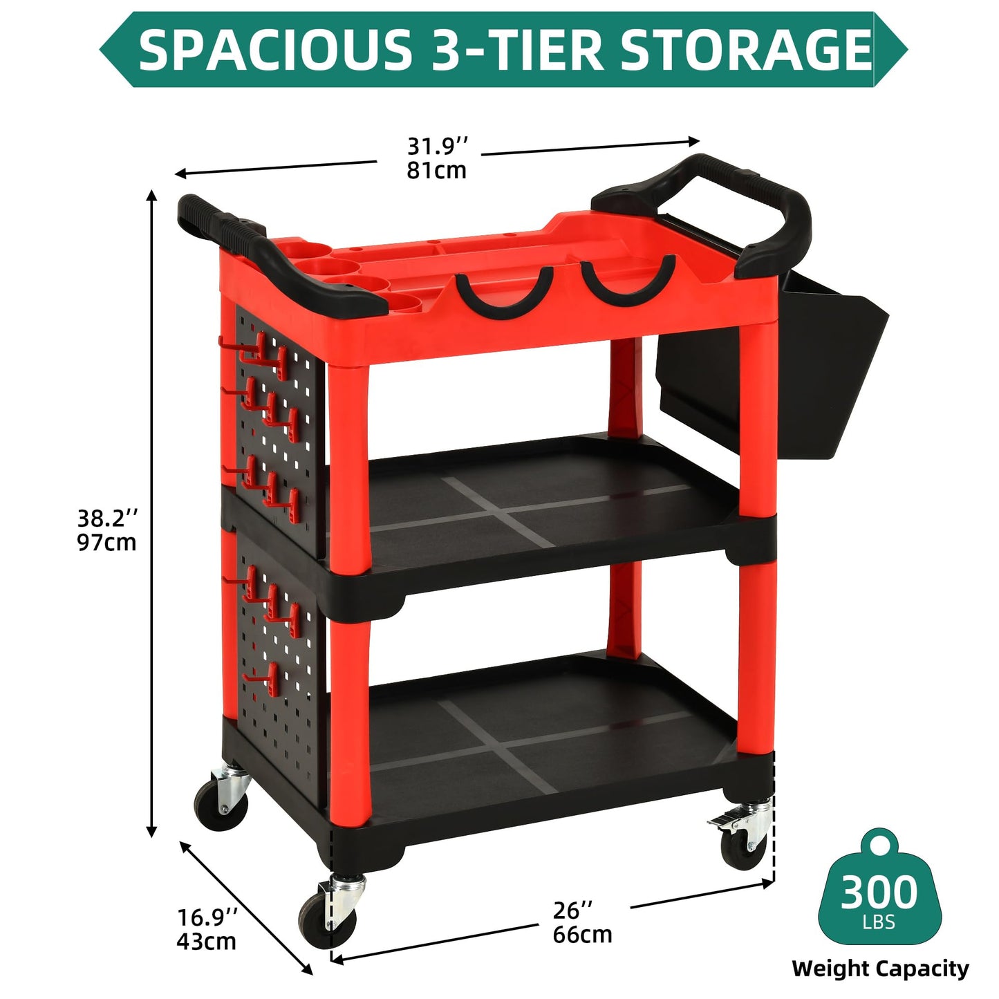 YITAHOME Auto Detailing Cart with Wheels, 3 Tier Rolling Detail Cart with 2 Polisher Brackets, Car Wash Organizer Cart with 2 Hanging Plate & Hooks & Hanging Bucket for Garage, Workshop, Repair Shop