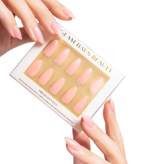Glam Haus Beauty Press On Nails Blushin’ Me | Short Almond Blush Pink Glossy Finish Salon Quality | 16 Sizes - 32 Nail Kit with Glue & Adhesive Tabs