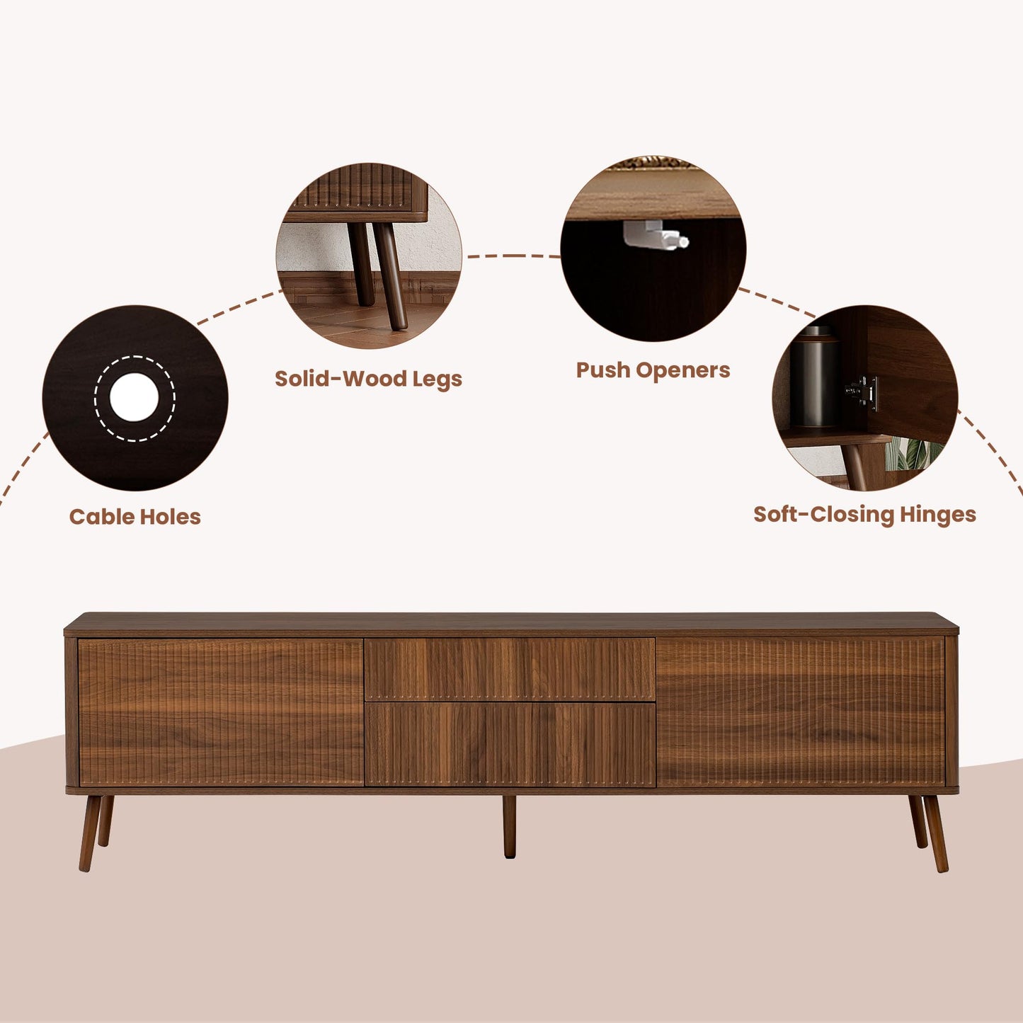 Merax 70 inch Fluted TV Stand with Storage Drawers and Cabinets for TVs up to 80", Modern Entertainment Center with Cable Management, Solid Wood Legs, Soft-Close Hinges, for Living Room, Walnut