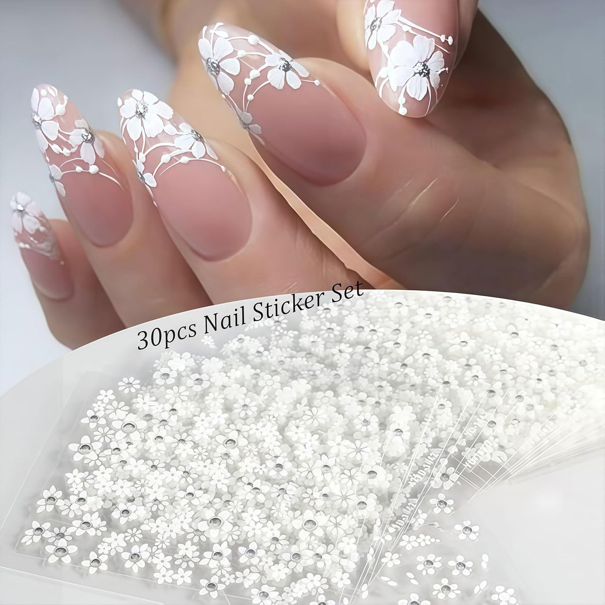 30 Sheets White Flower Nail Art Stickers, 3D Rhinestones Self Adhesive Floral Supplies Decals, Decoration Accessories for Women and Girls