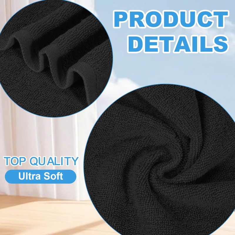 INFICRIME 12 Pack 100% Cotton Wash Cloth, 12x12 Inch Highly Absorbent and Soft Feel Fingertip Towels, Machine Washable Washcloths for Bathroom, Gym, Hotel, Spa and Kitchen, Black