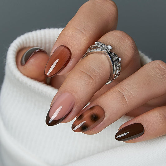 CurvLife Medium Almond Press On Nails, Soft Gel Salon Quality Fake Nails, Nude Pink Brown Tortoiseshell Design, Reusable Full Cover Press Ons for Women