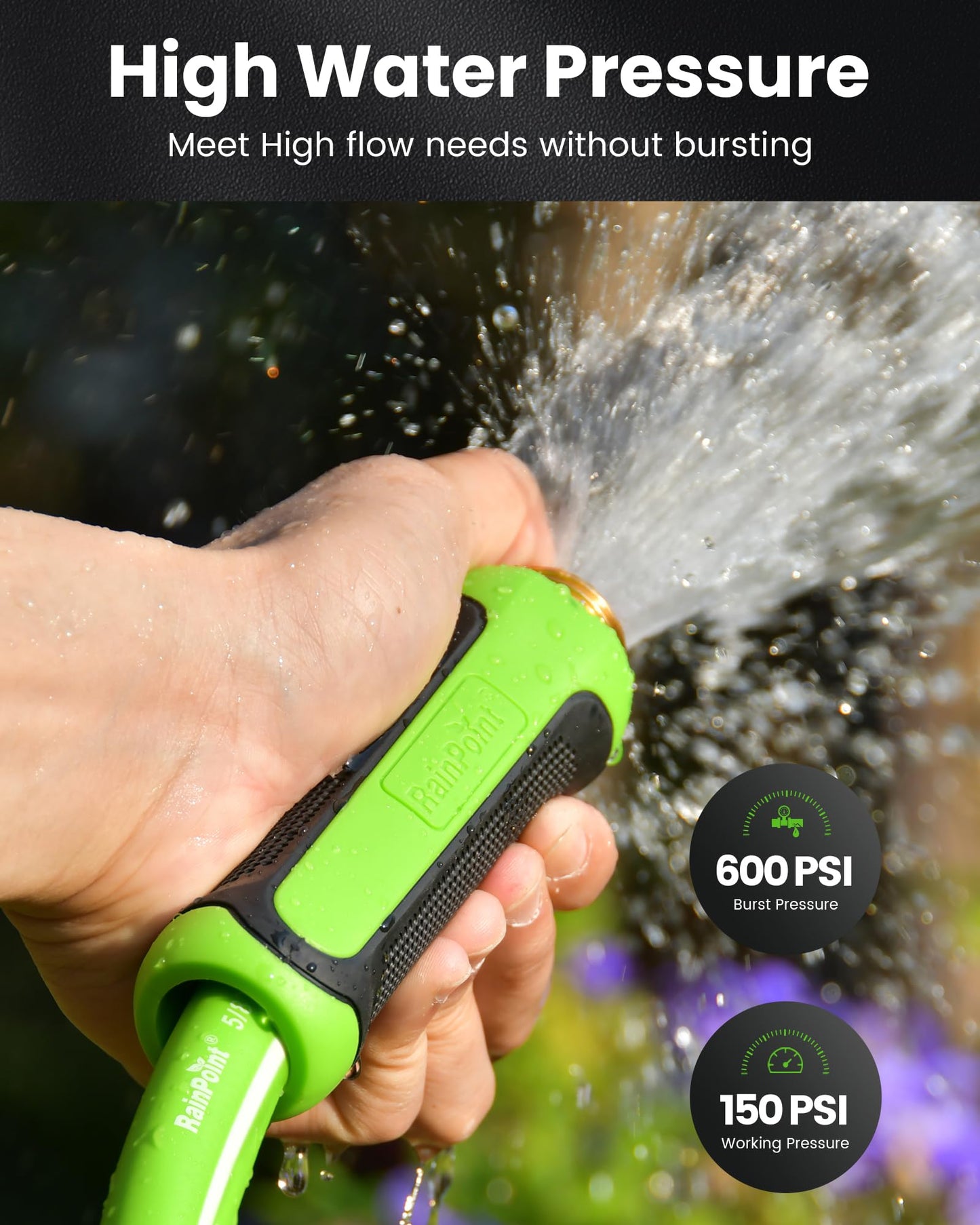 RAINPOINT Garden Hose 50ft - Flexible Heavy Duty Water Hose with Swivel Handle - Lightweight, Hybrid Rubber, 5/8", Male to Female