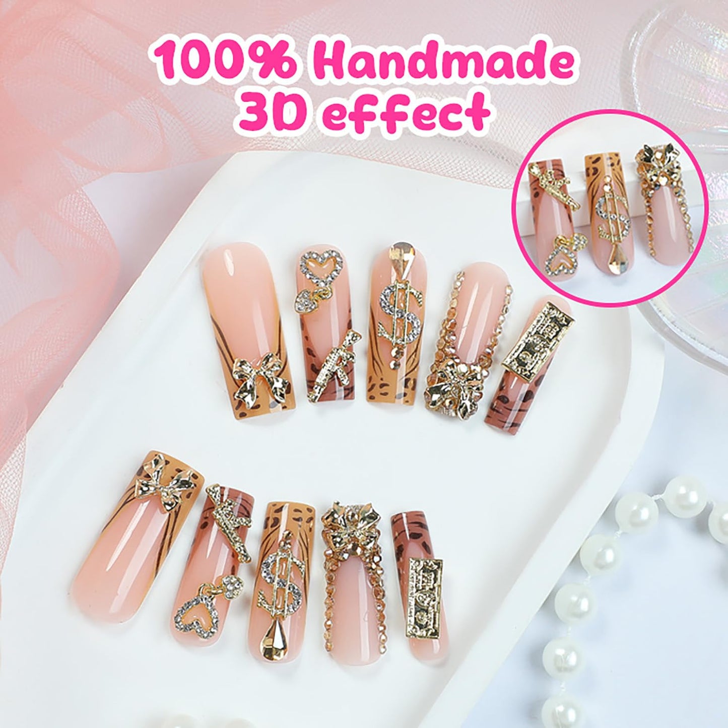 FIEONCIY Press on Nails Long Coffin Shaped Acrylic Glossy Full Cover Long Square French False Nails with Designs Artificial Extra Long Fake Nails with Charms Glue ons Fingernails for Women(XG10114)