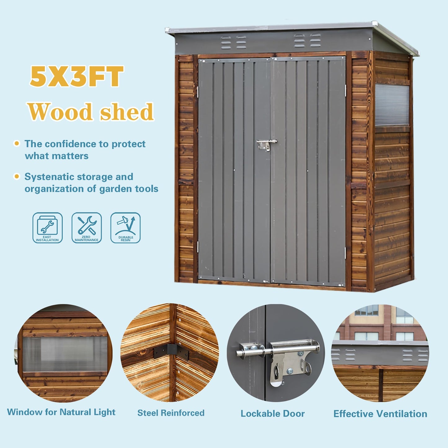 EUHOME 3x5FT Wood Outdoor Storage Shed with Lockable Double Doors & Ventilation Windows for Garden, Lawn, Patio